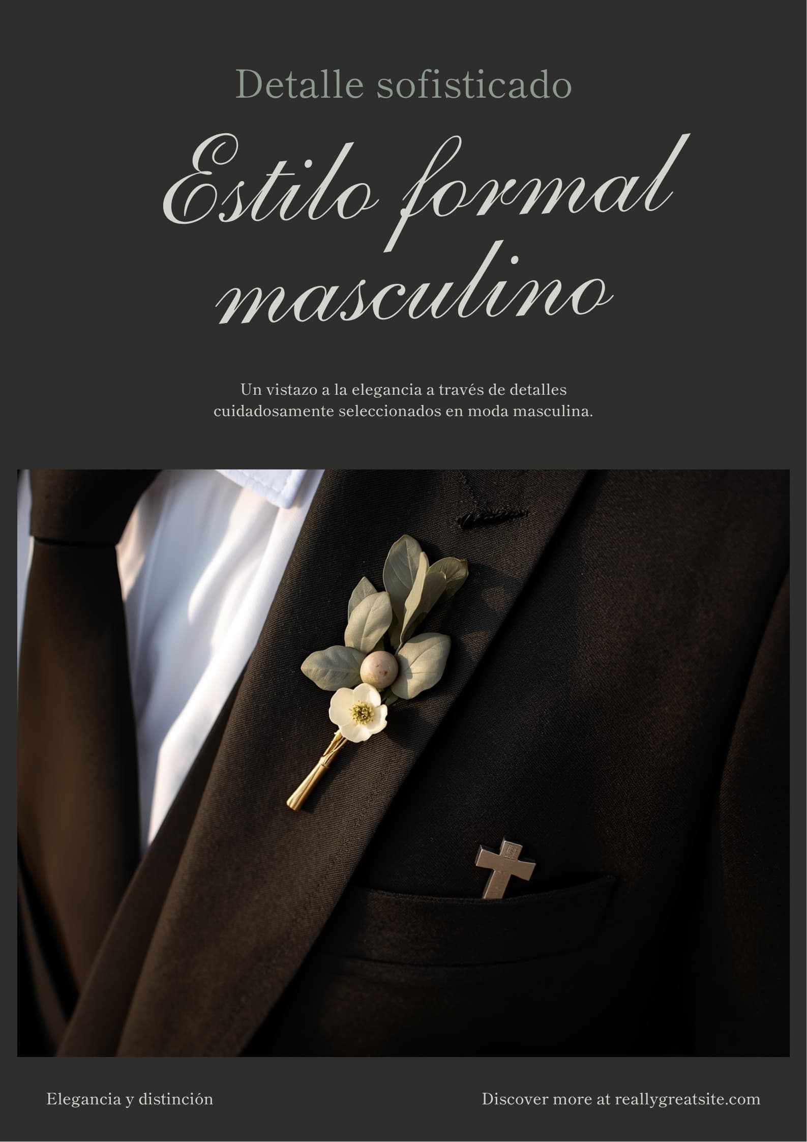 Solapa de saco oscuro con boutonniere de olivo + flor blanca, crucifijo de plata discreto al fondo. Estilo masculino formal, vista cenital. Sin caras.