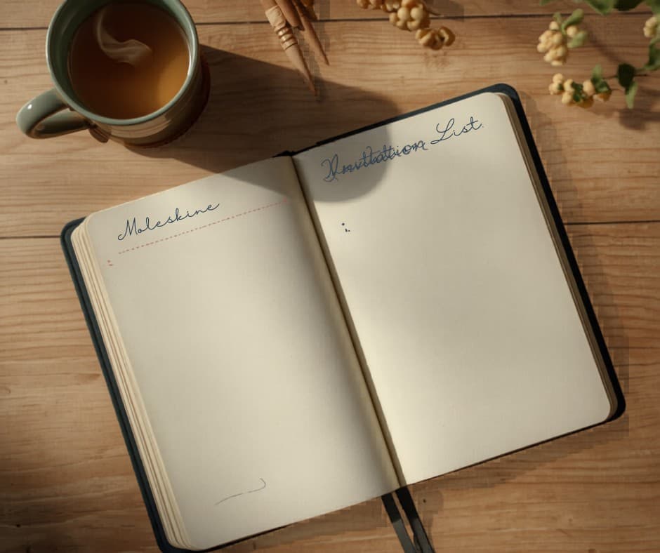 Libreta moleskine abierta sobre escritorio de madera con anotaciones manuscritas, taza de té cerca, ramillete de flores secas. Vista cenital, sin gente.