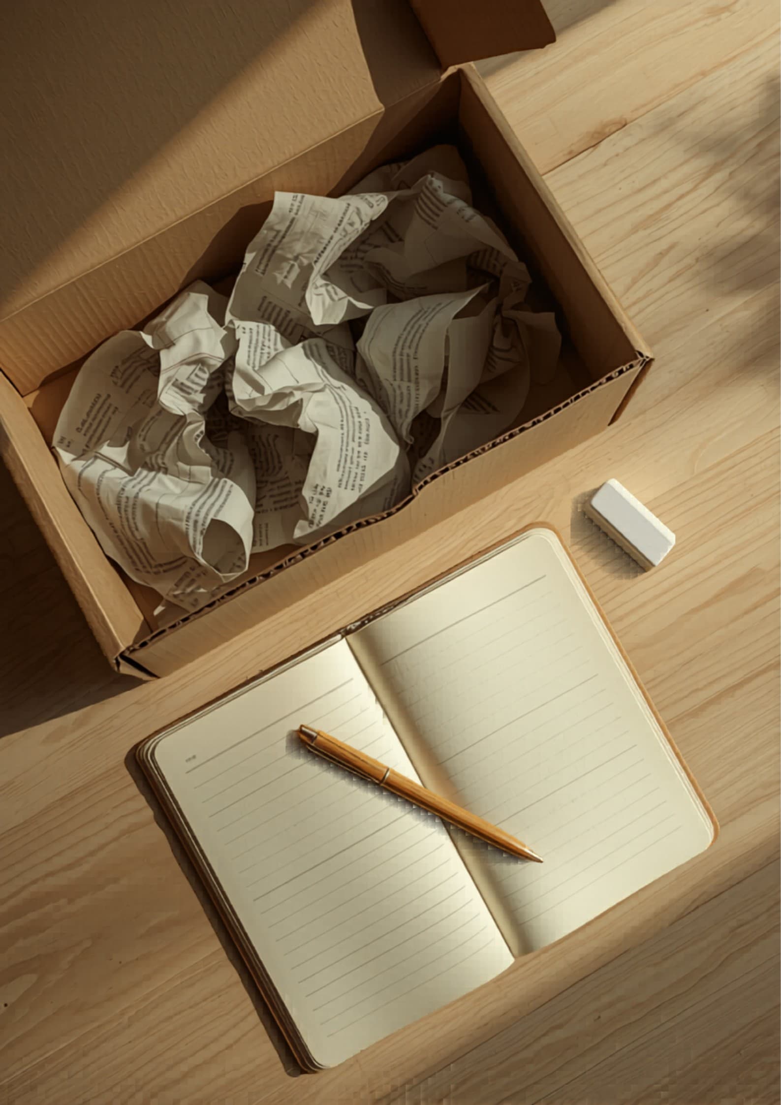 Caja de zapatos abierta con tickets de gastos, lápiz y libreta editorial cream sobre escritorio de madera — sin gente.