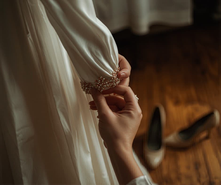 Manos arreglando el detalle bordado del puño del vestido de 15 — luz cálida, zapatos desenfocados al fondo sobre piso de madera. Sin caras.