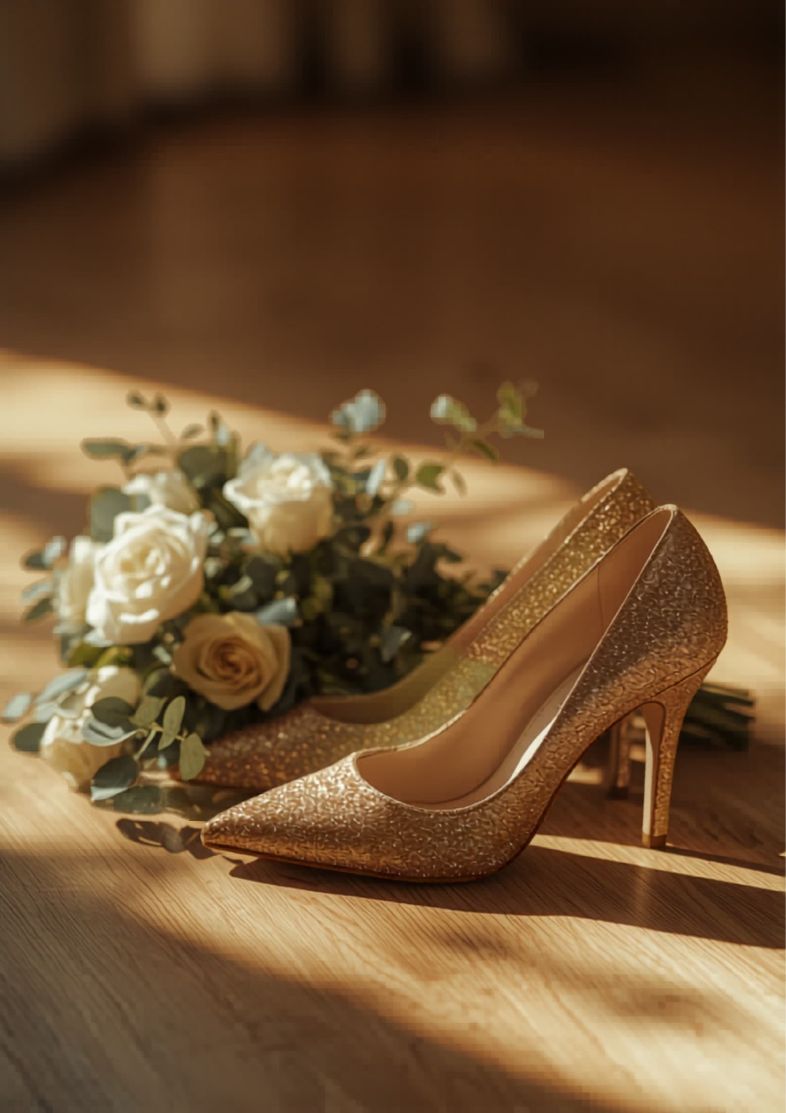 Zapatos de taco de la quinceañera junto a un ramo de flores sobre el piso de madera del salón, luz cálida lateral. Sin gente.