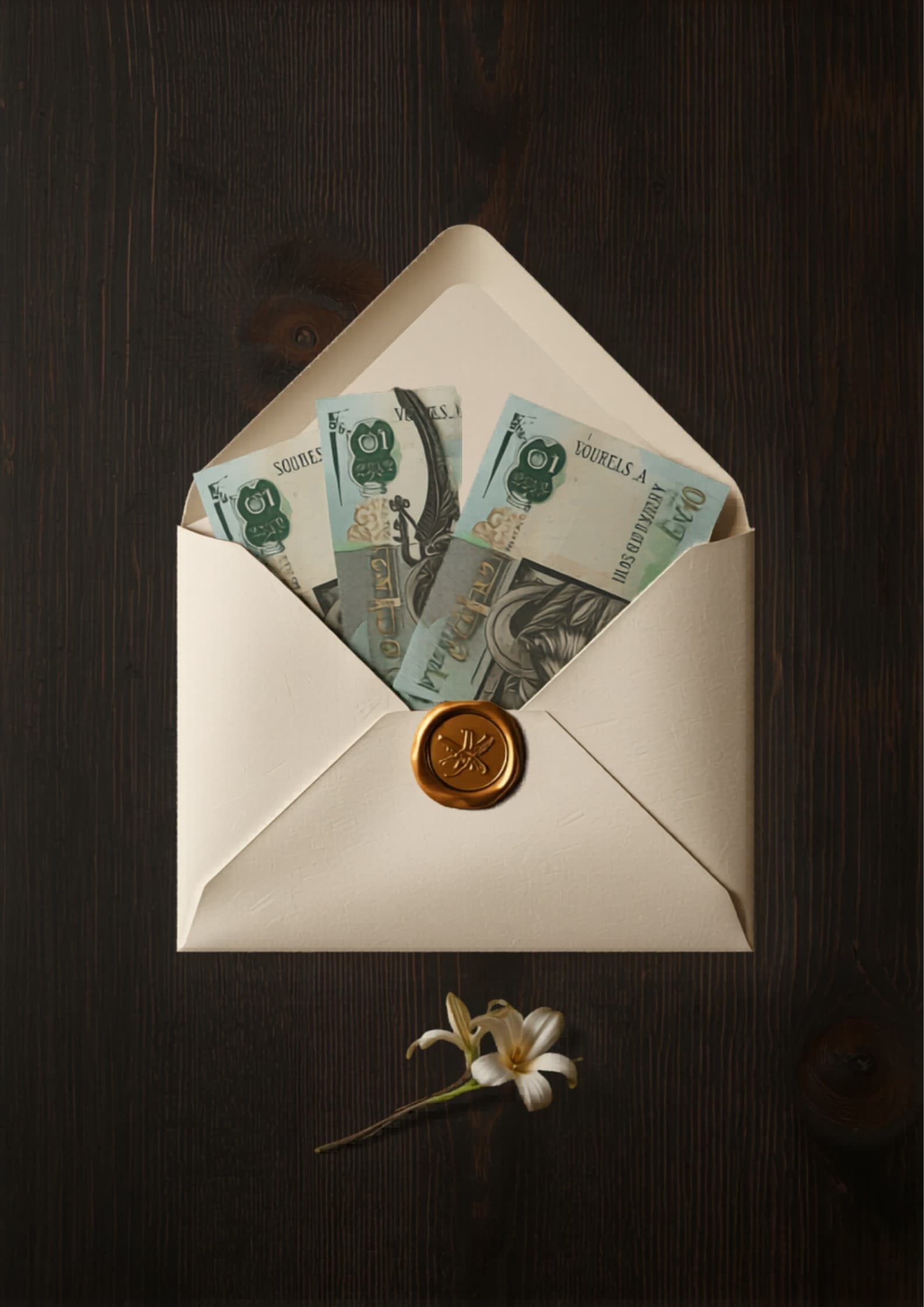 Billetes argentinos dentro de un sobre cream con sello de cera dorado — vista cenital sobre madera, sin caras, paleta cream + sage + dorado.