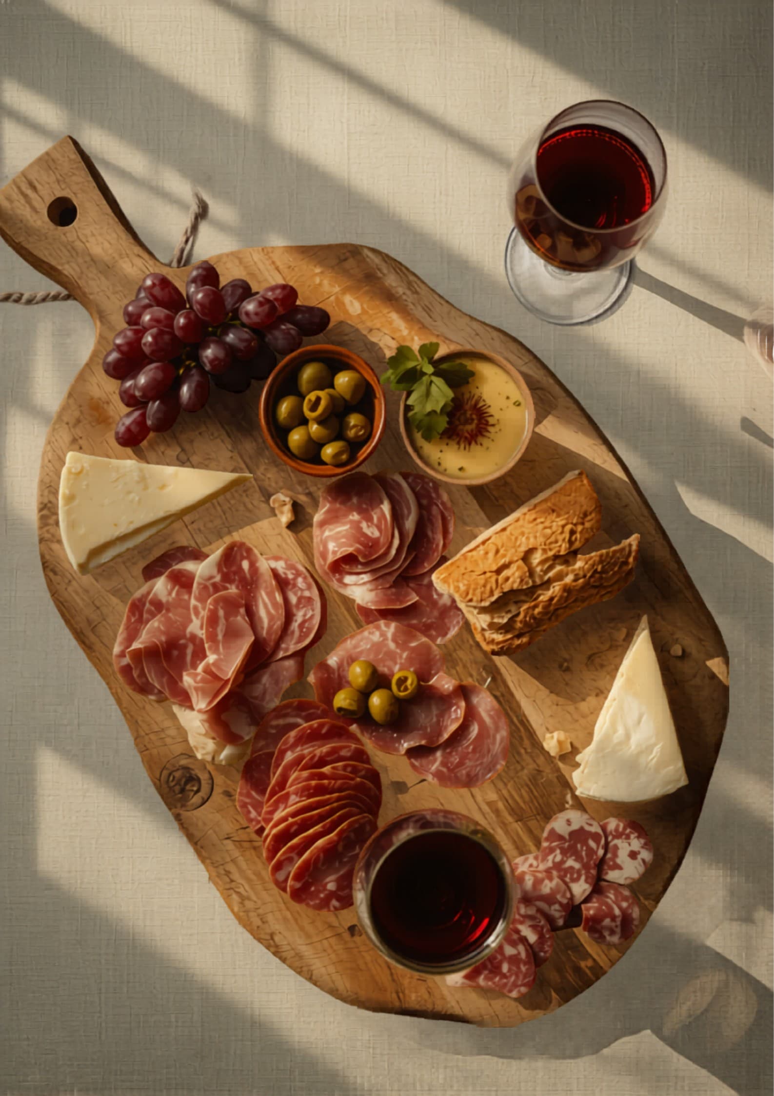 Mesa familiar con catering casero — tabla de fiambres, pan, copas de vino — fondo cream con mantel de lino, vista cenital, sin gente.