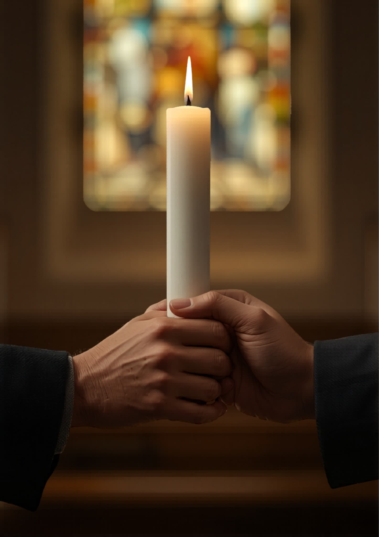 Manos de padrino y madrina sosteniendo entre ambos una vela bautismal encendida — gesto editorial, sin caras, fondo desenfocado de iglesia.