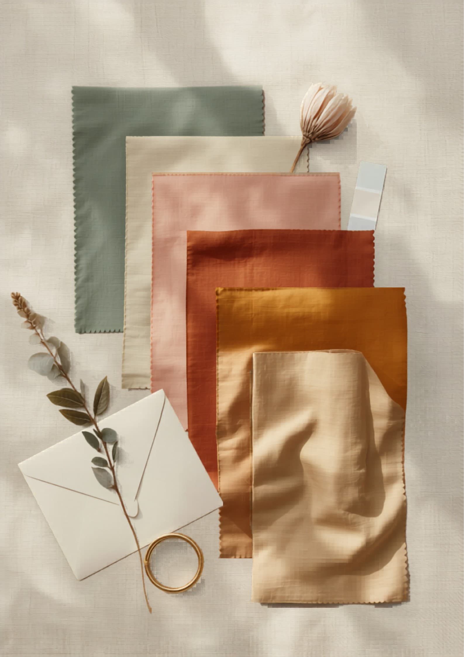 Flat-lay sobre lino crema con muestras de tela en sage, terracota, dusty rose, mostaza, marfil y taupe, flores secas y un sobre de invitación — paleta editorial argentina.
