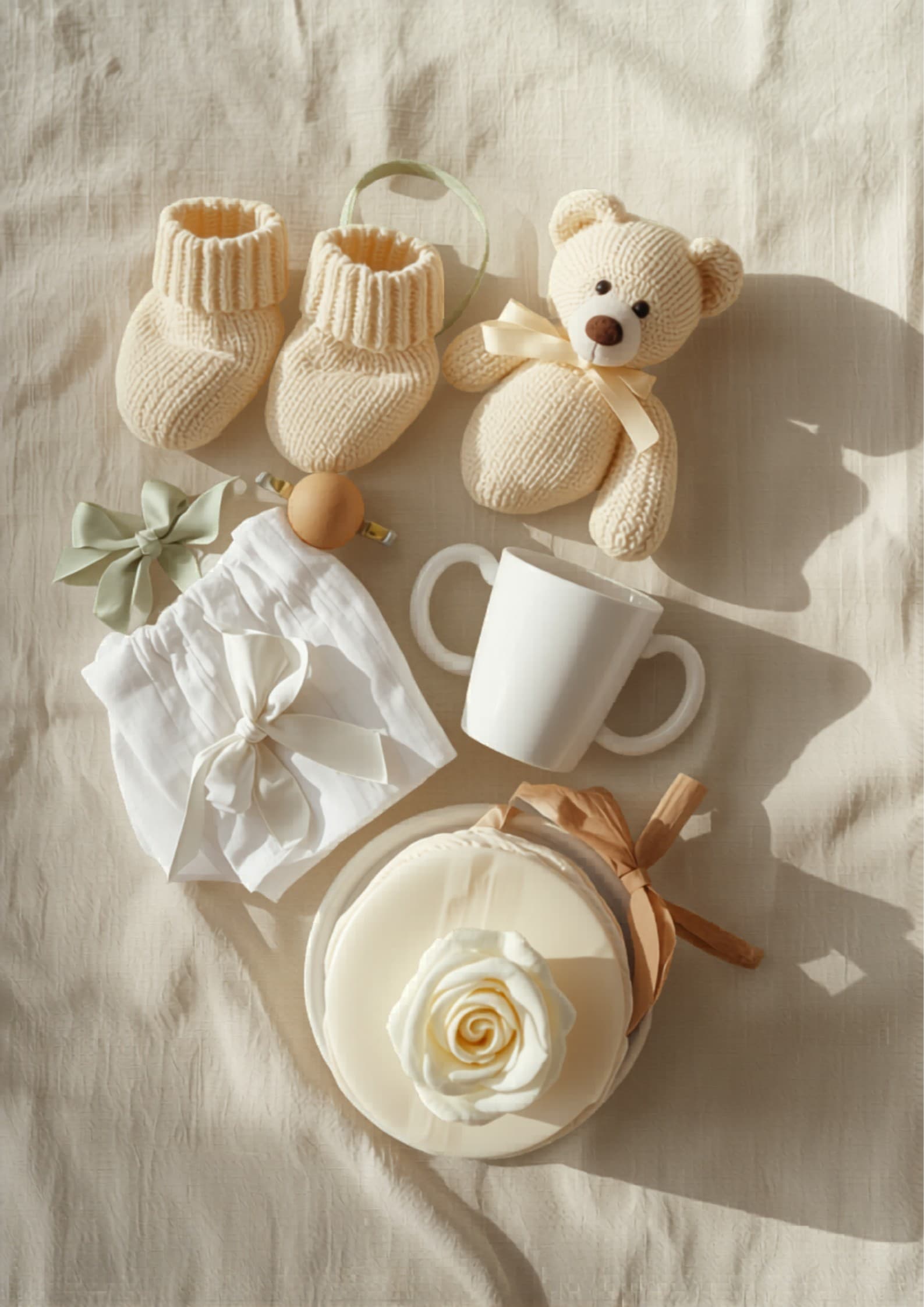 Mesa de baby shower vista cenital — torta con glasé crema, ositos de tela, vela, escarpines tejidos, ropita de bebé doblada, en tonos crema, sage y nude.