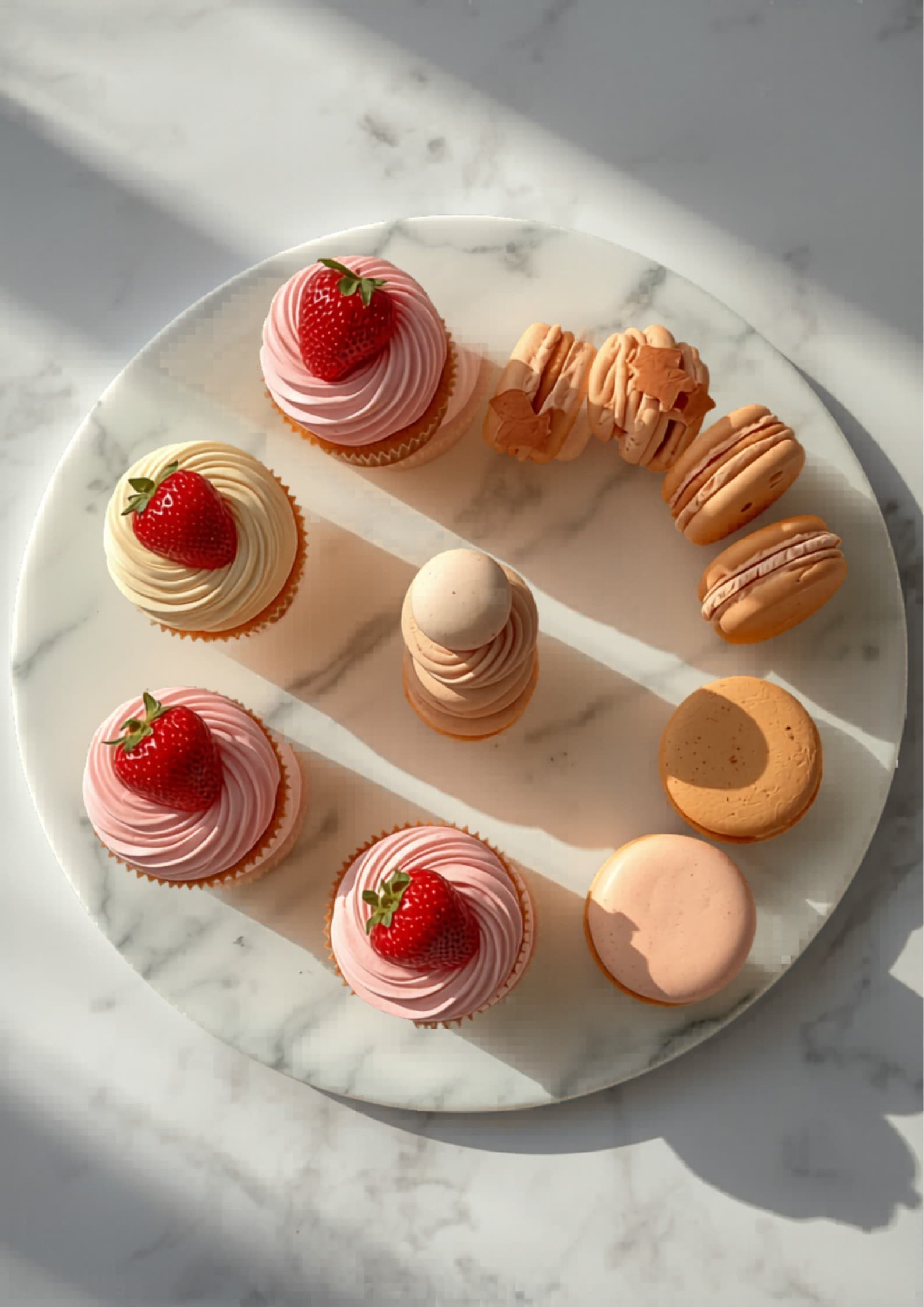 Detalle de mesa dulce — cupcakes con glasé pastel + macarons rosados y nude + galletas decoradas, todo sobre bandeja de mármol, sin gente.