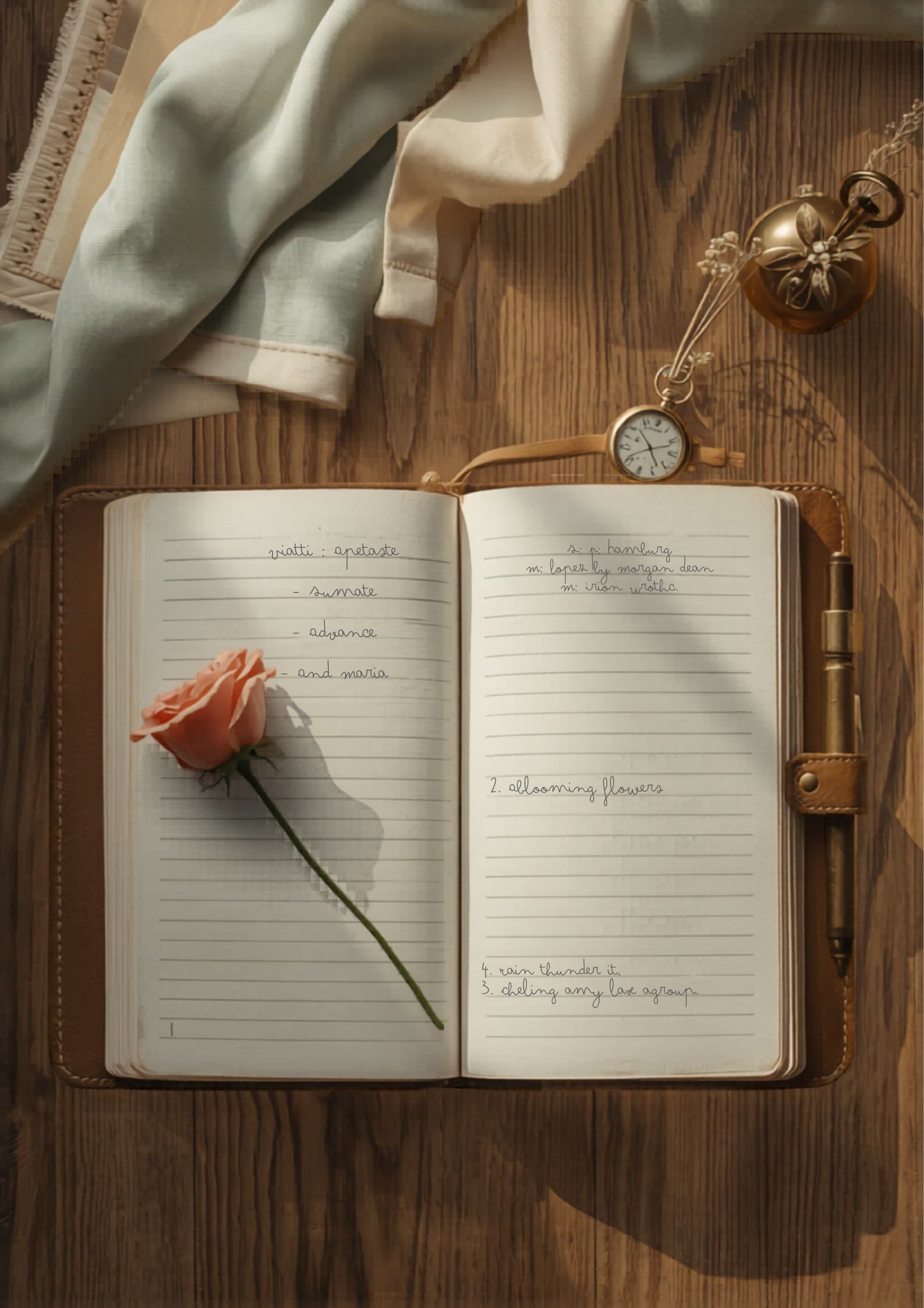 Agenda de cuero abierta sobre escritorio de madera con lapicera dorada, eucalipto seco, reloj de bolsillo y muestras de tela en sage y crema — escena editorial de planificación.